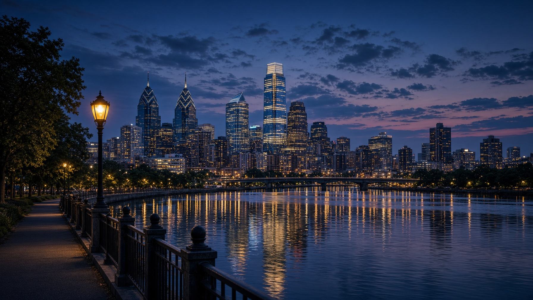 An illustrated blue-hour view of Philadelphia and the Schuylkill River.