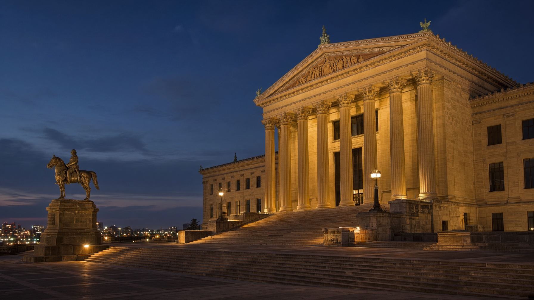 An illustrated night view of the Philadelphia Museum of Art.